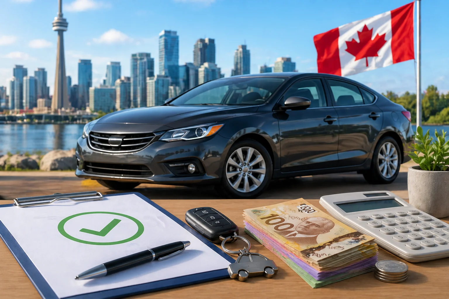 Application checklist, keys, calculator and Canadian flag